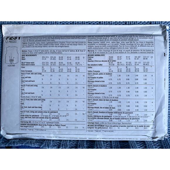 Simplicity 7231 Sewing pattern quilted vest 1980s size xs s m l xl - Picture 3 of 5